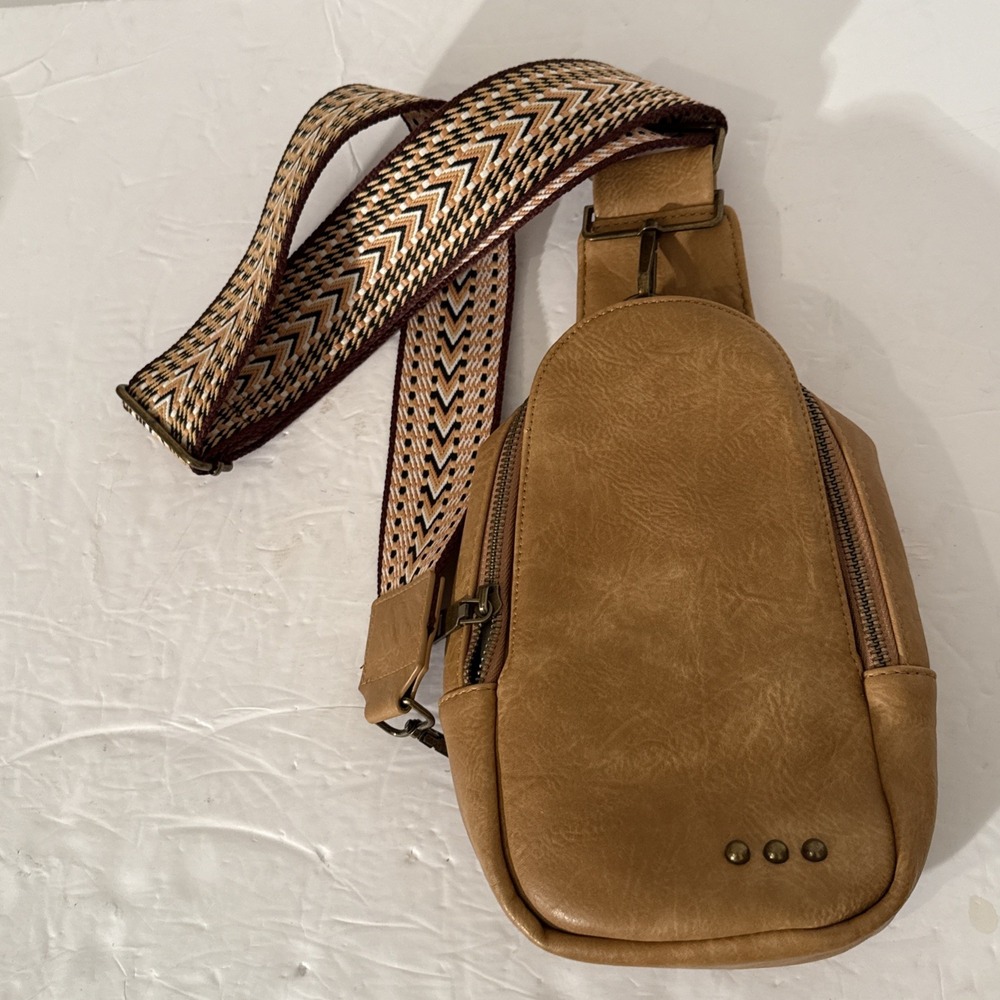 Tan Crossbody Sling Bag Purse PS Jordan Vegan Leather Woven Guitar Syle Strap